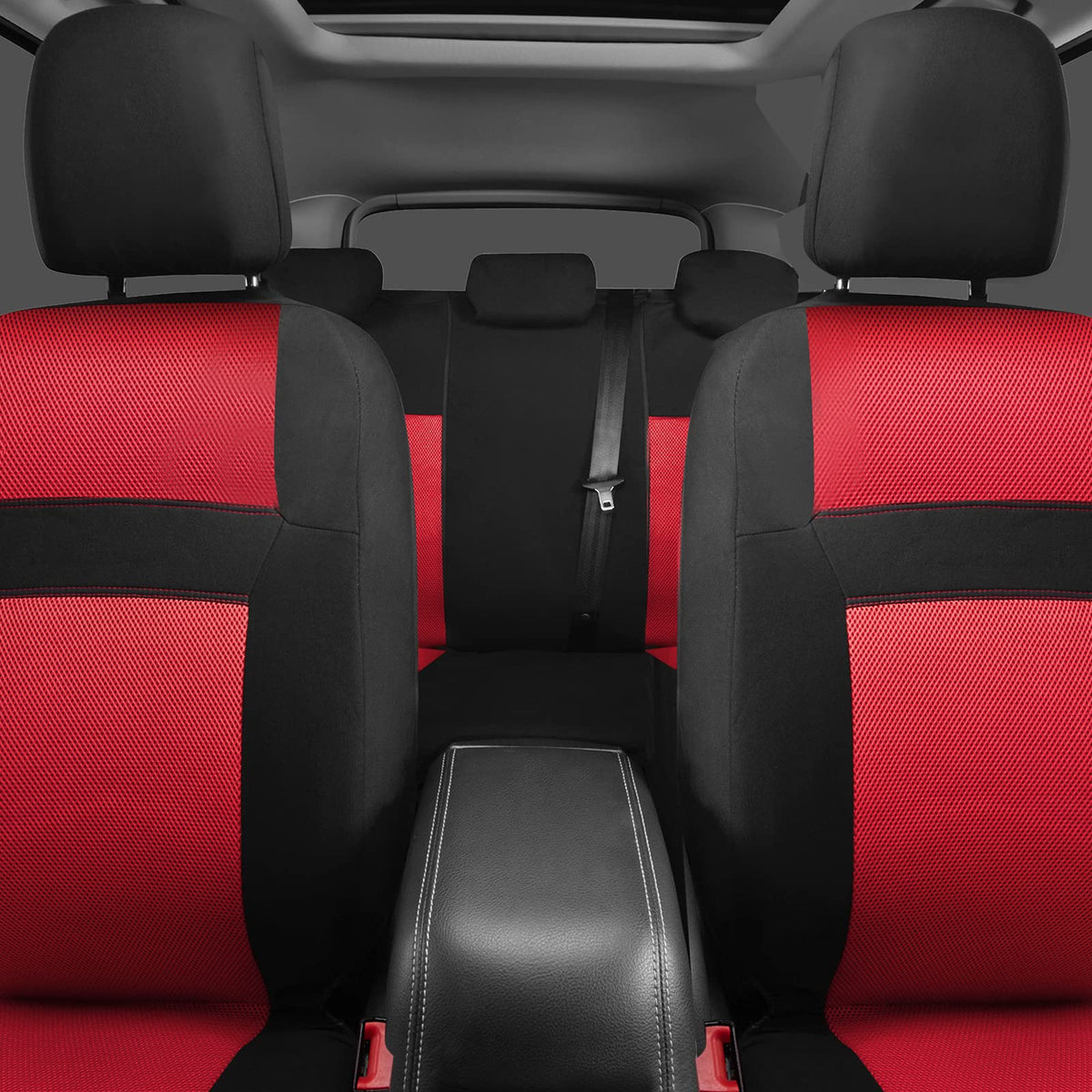 3D Air Mesh Car Seat Covers Full Sets with 4Pcs Floor Mats and Steering Wheel Cover Black Red I6812