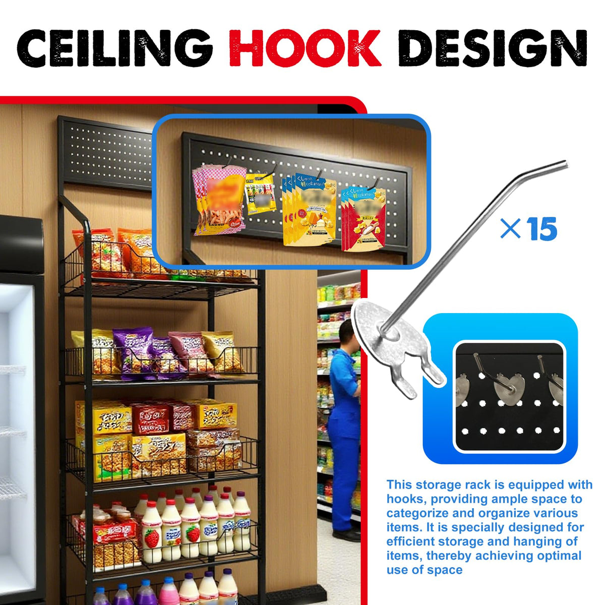 5 Tier Metal Candy Display Rack with Wheels & 15 Hooks D160641