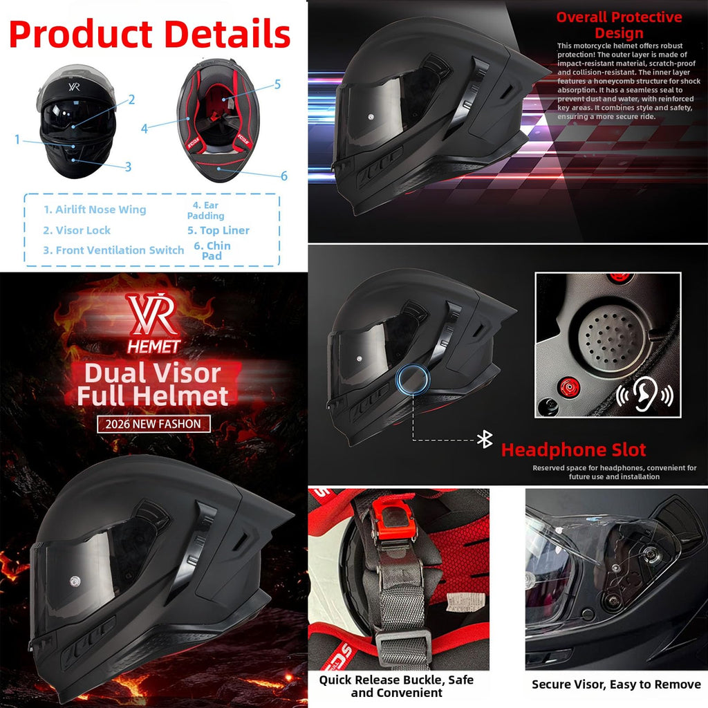 Full Face Motorcycle Helmet DOT Dual Sun Visor H8374