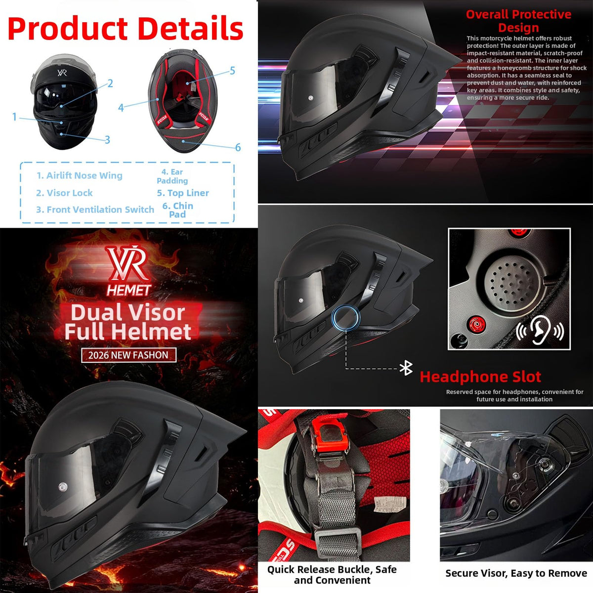 Full Face Motorcycle Helmet DOT Dual Sun Visor H8374