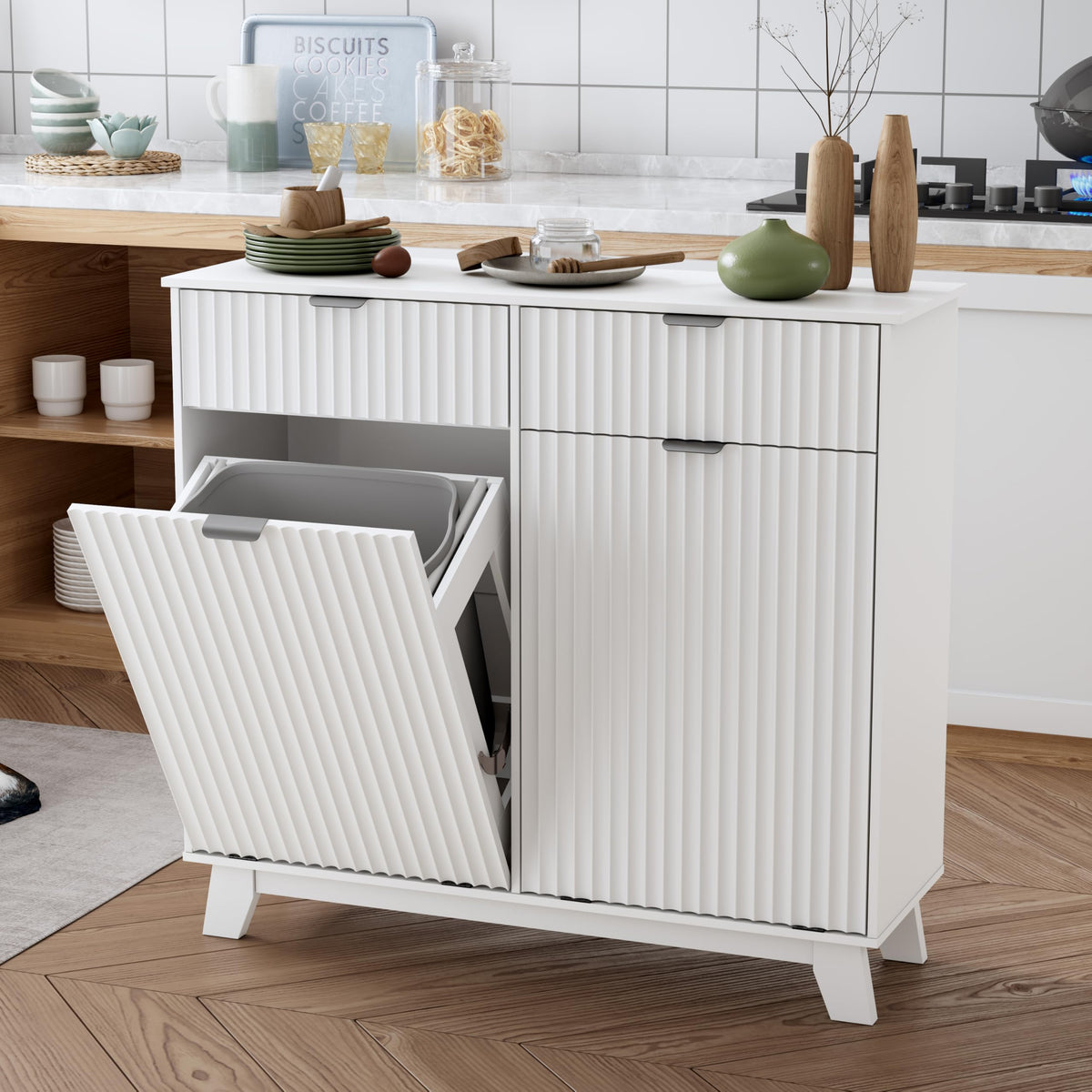 10 Gallon Tilt Out Trash Can Cabinet with Storage Drawer L570
