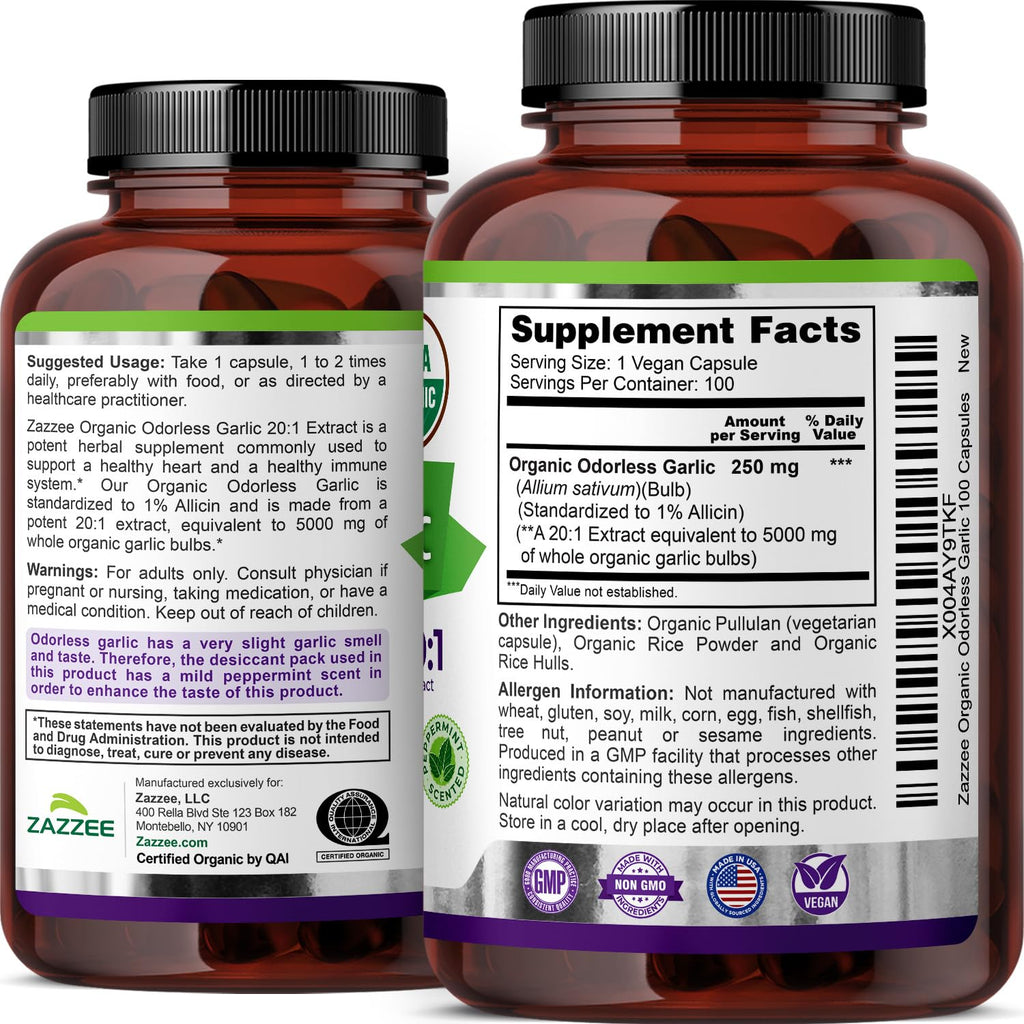 USDA Organic Odorless Garlic 20:1 Extract 100 Capsules B2230