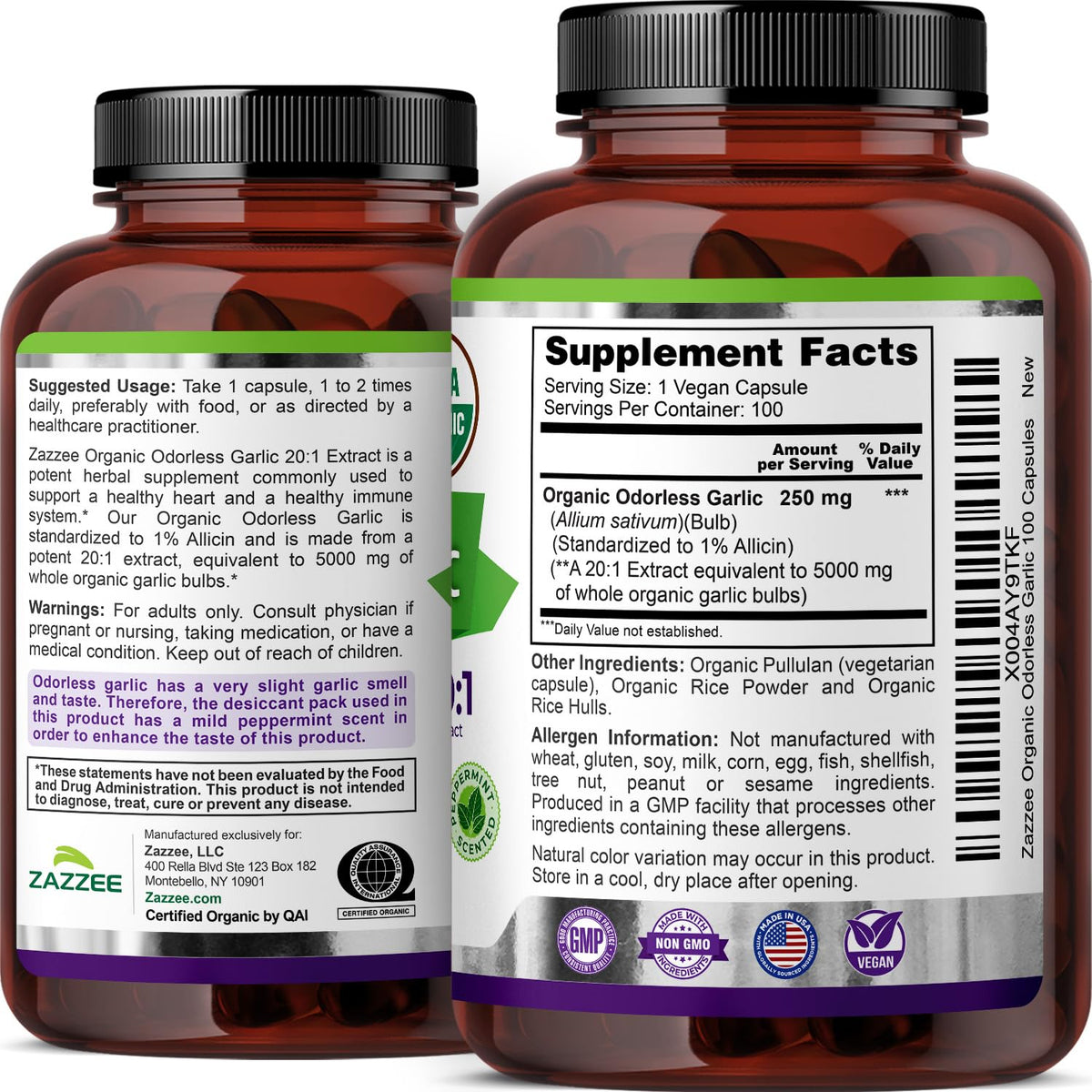 USDA Organic Odorless Garlic 20:1 Extract 100 Capsules B2230