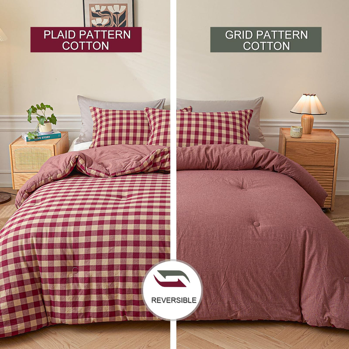Cotton Plaid King Comforter Set 3 Pieces with 2 Pillow Shams Q78546
