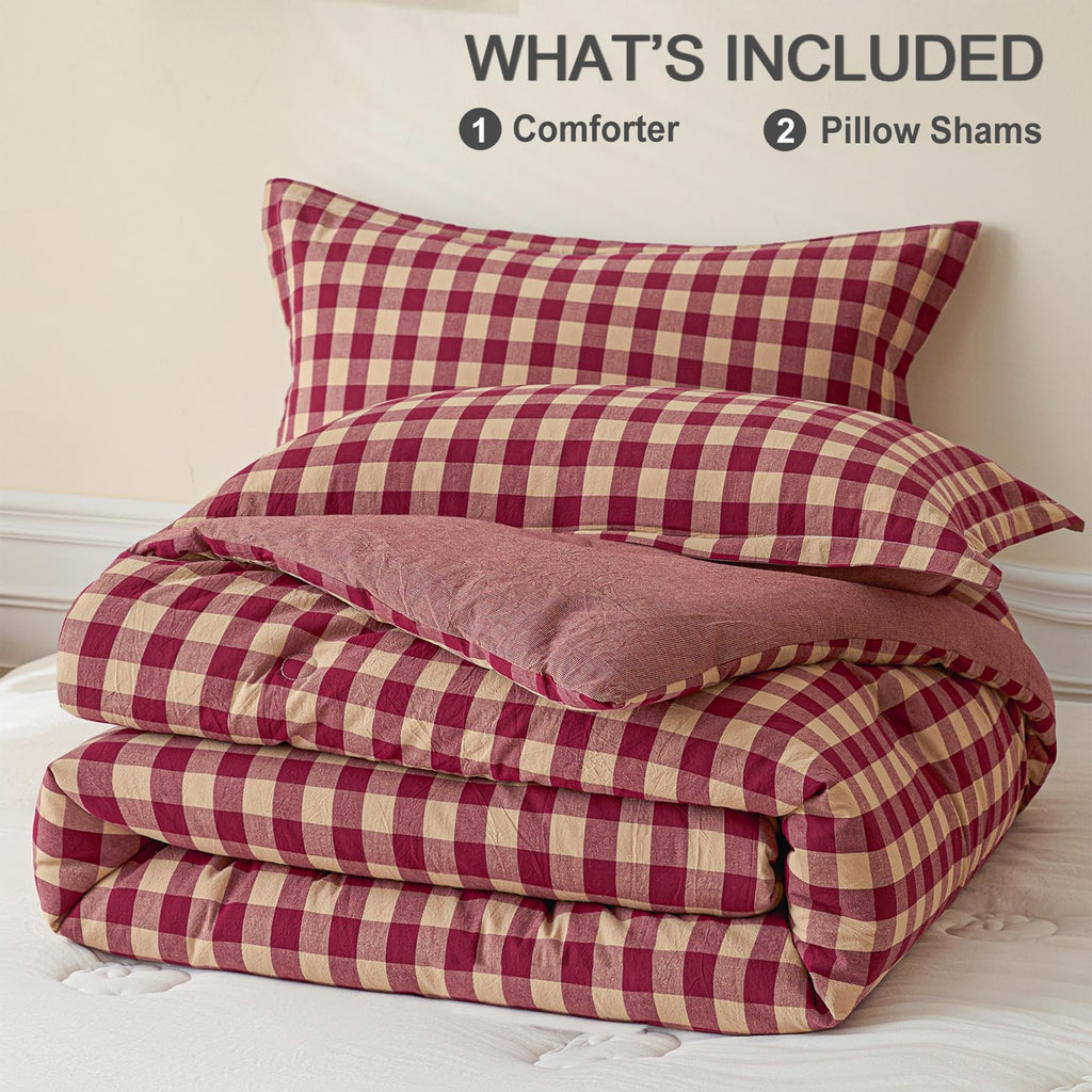 Cotton Plaid King Comforter Set 3 Pieces with 2 Pillow Shams Q78546