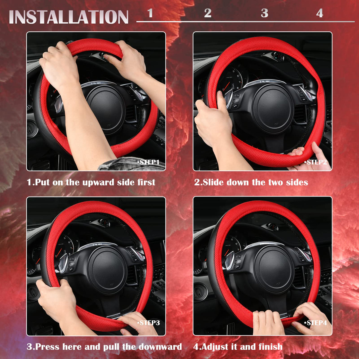 3D Air Mesh Car Seat Covers Full Sets with 4Pcs Floor Mats and Steering Wheel Cover Black Red I6812