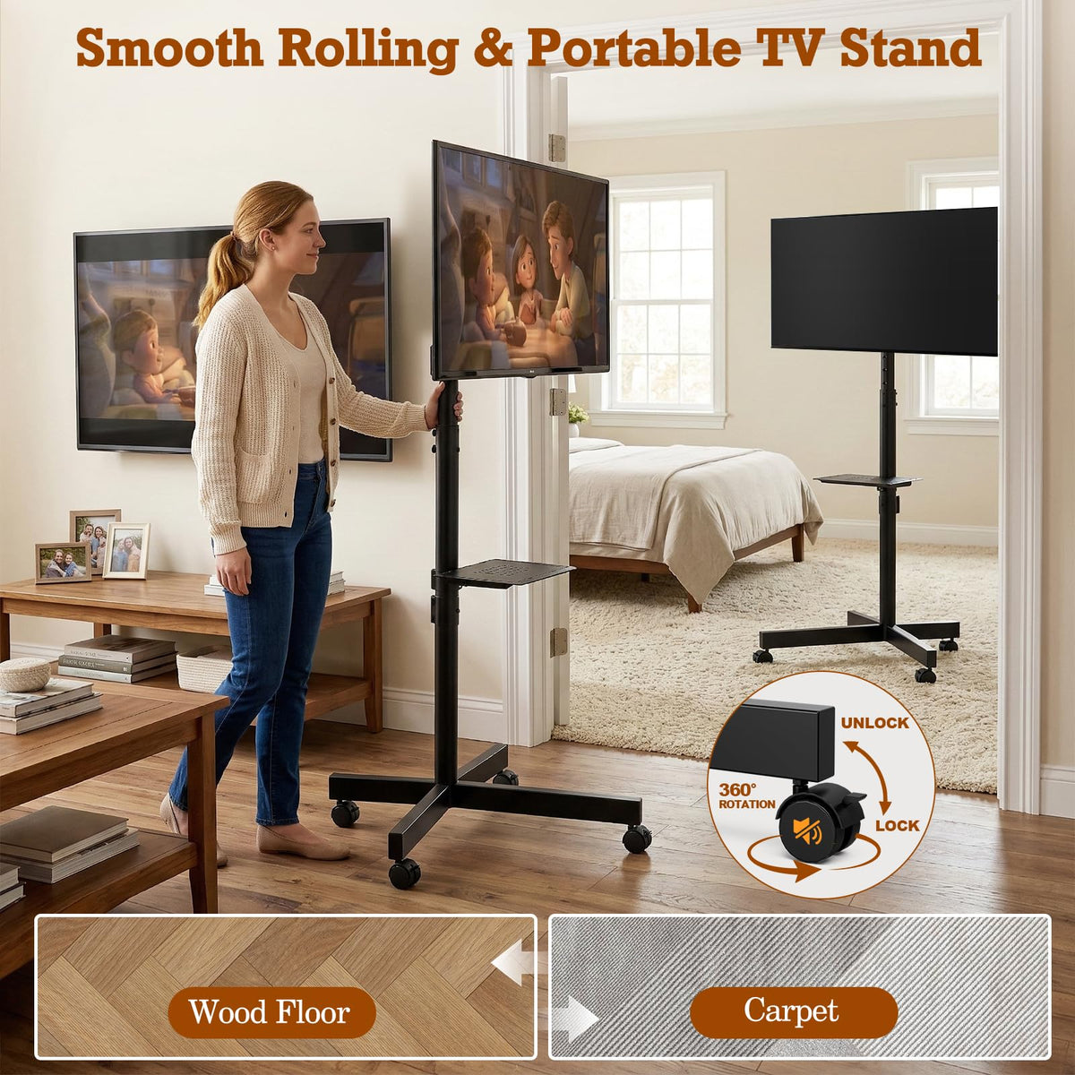 Rolling TV Stand with Wheels for 23-60 Inch Flat Curved TVs D1305