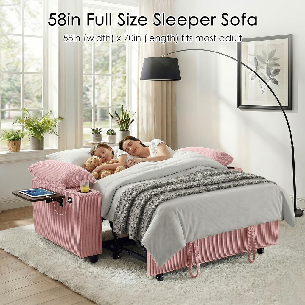 Pink Corduroy Full Size Sleeper Sofa Bed I912203