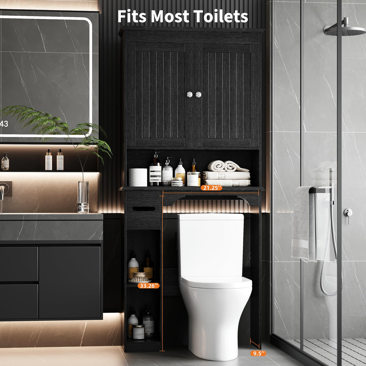 30" Over Toilet Storage Cabinet with Toilet Paper Box, Black T340