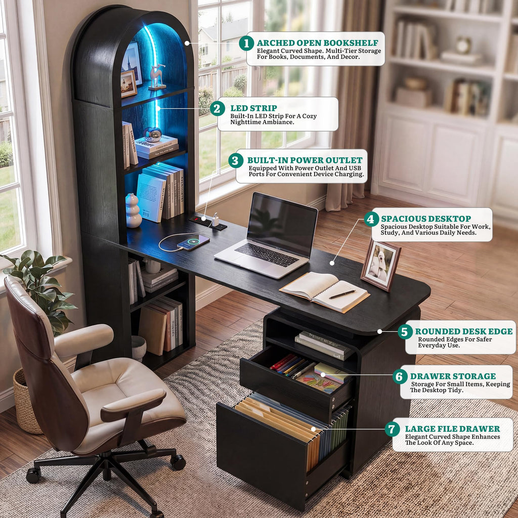 59" Computer Desk with LED Lights & Power Outlets, Black R876275