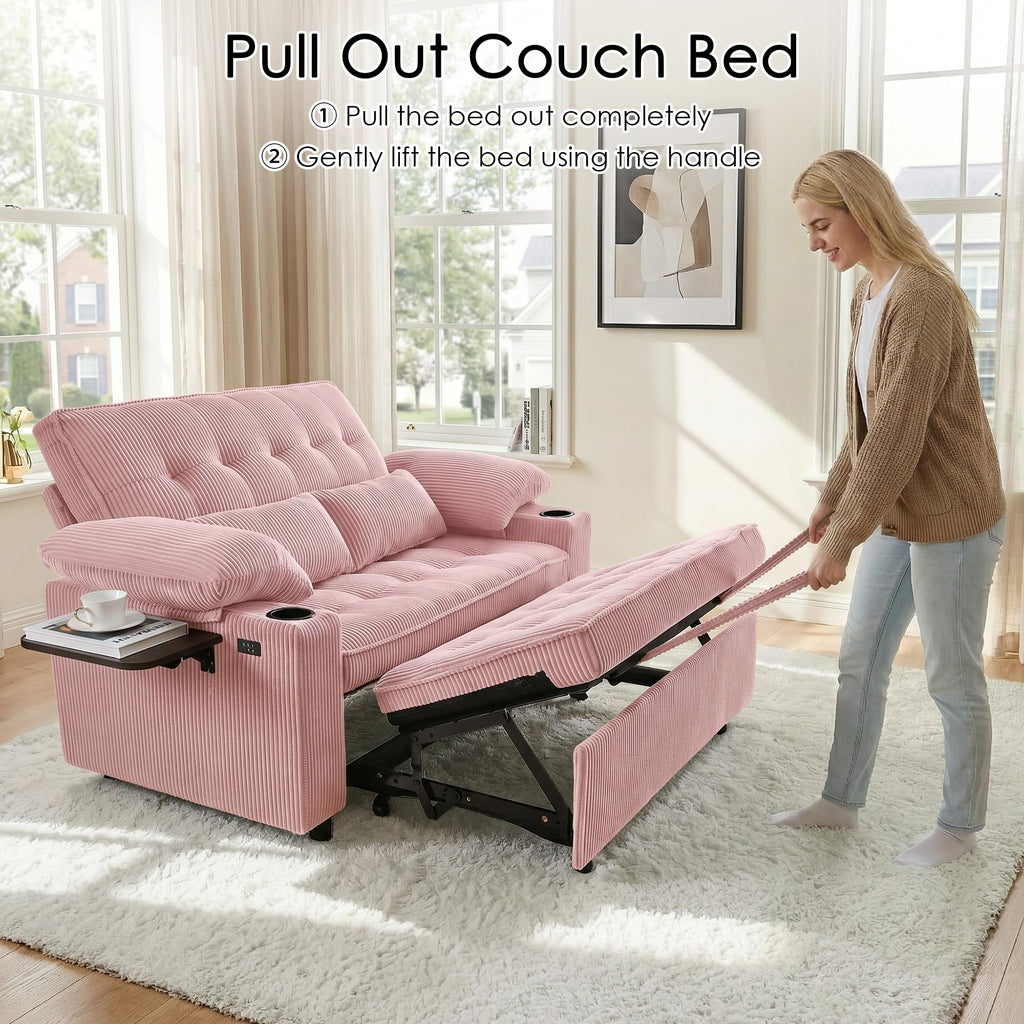 Pink Corduroy Full Size Sleeper Sofa Bed I912203