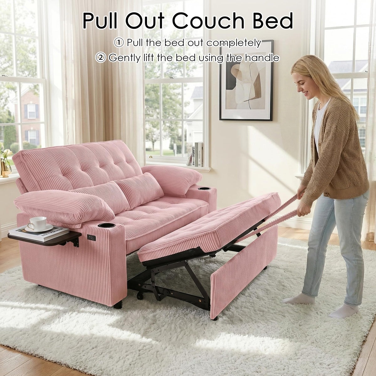 Pink Corduroy Full Size Sleeper Sofa Bed I912203