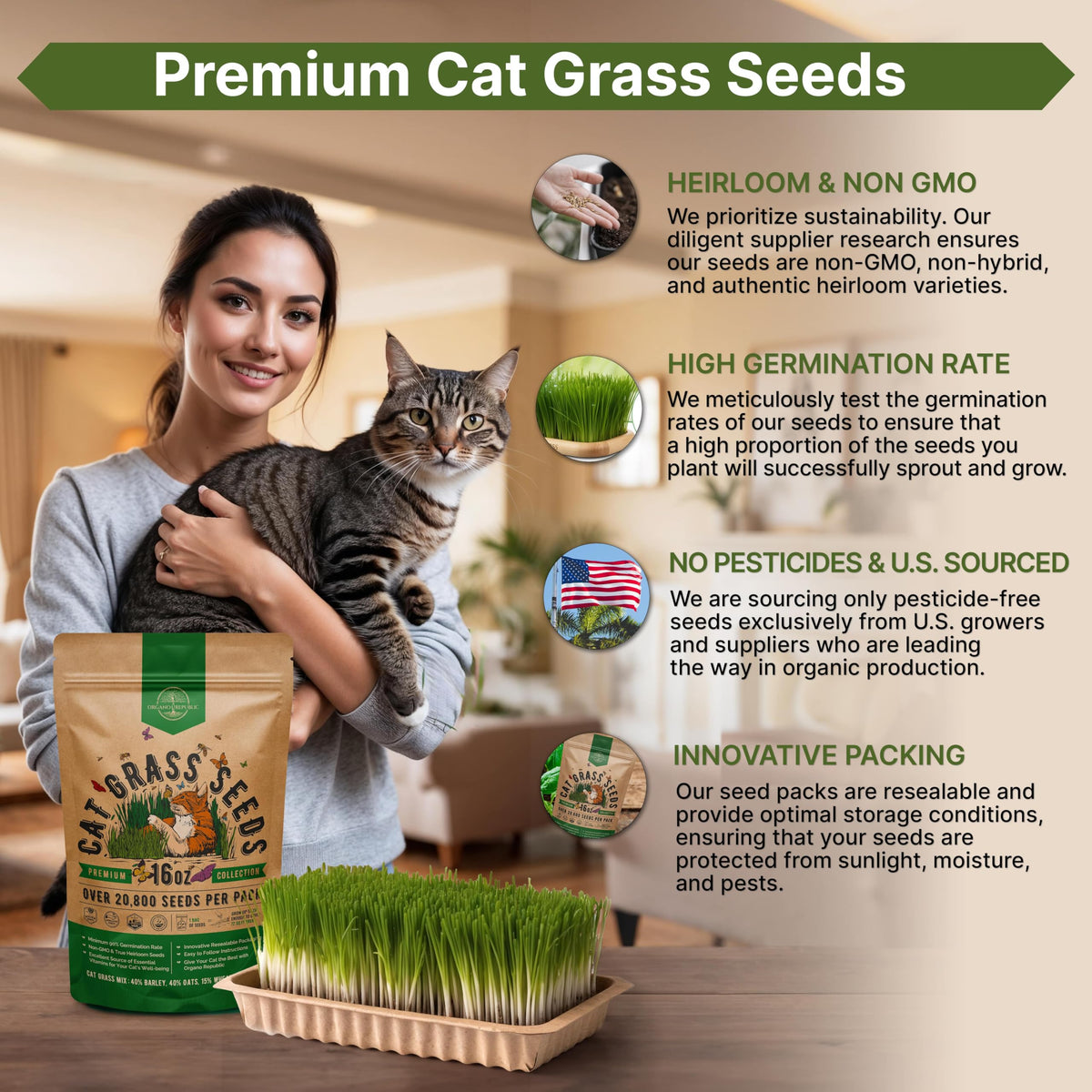 Cat Grass Seeds Mix 16 oz Non-GMO Heirloom G382