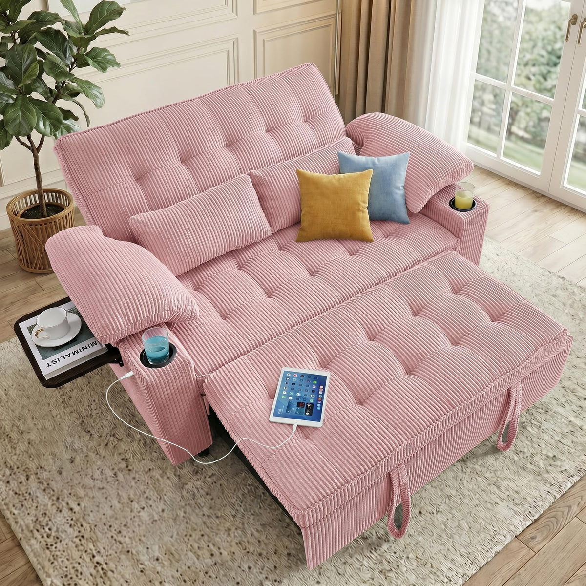 Pink Corduroy Full Size Sleeper Sofa Bed I912203