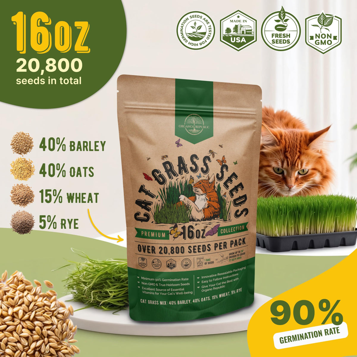 Cat Grass Seeds Mix 16 oz Non-GMO Heirloom G382