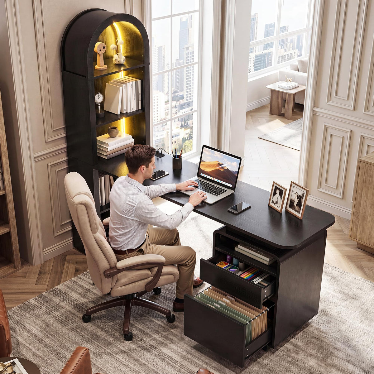 59" Computer Desk with LED Lights & Power Outlets, Black R876275